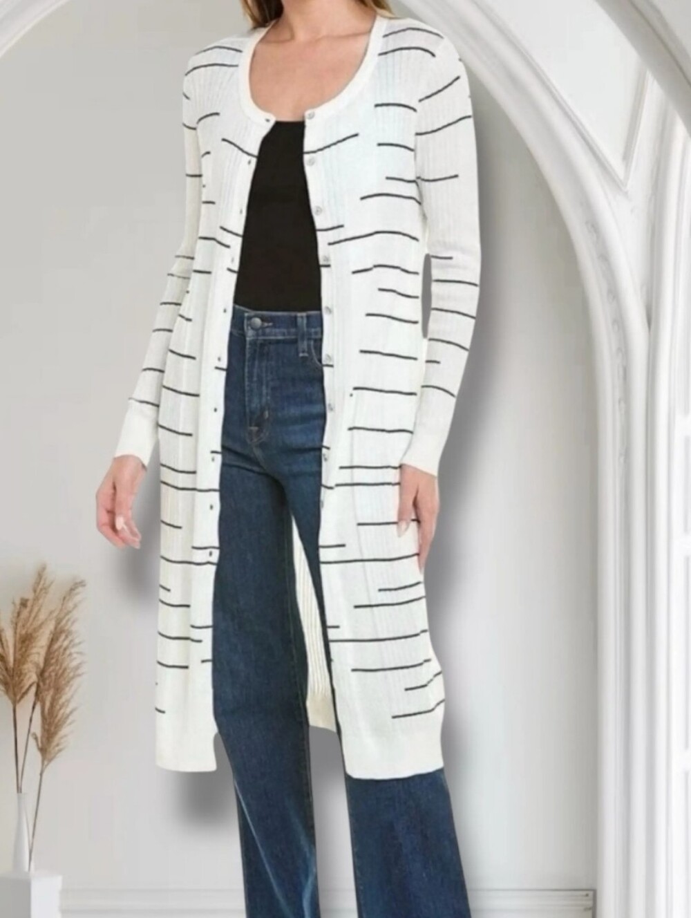 CAbi Striped Button-Front Long Cardigan Dress In White And Black Size Medium